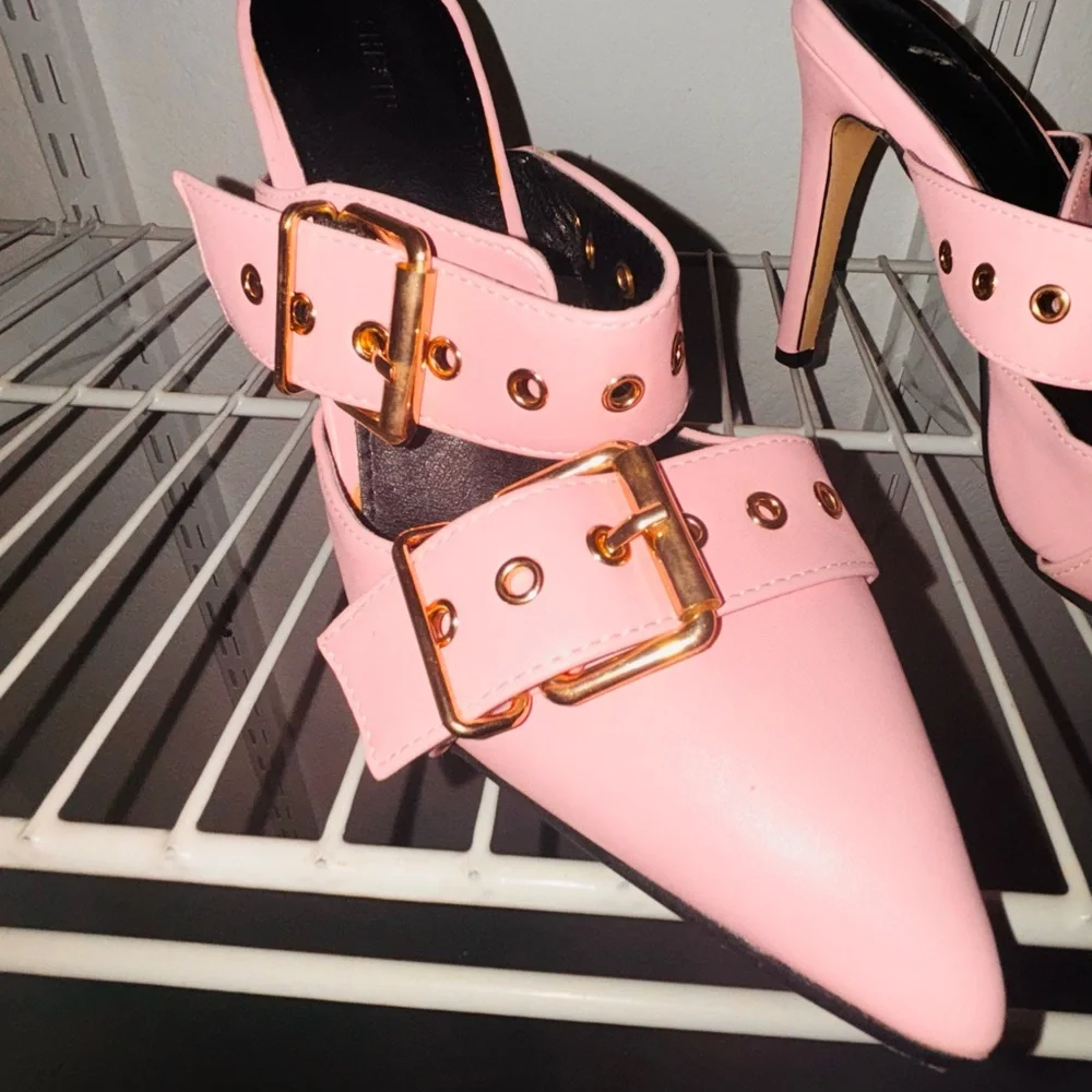 Pink High Heel Mules with Gold Buckles - Picture 1 of 6